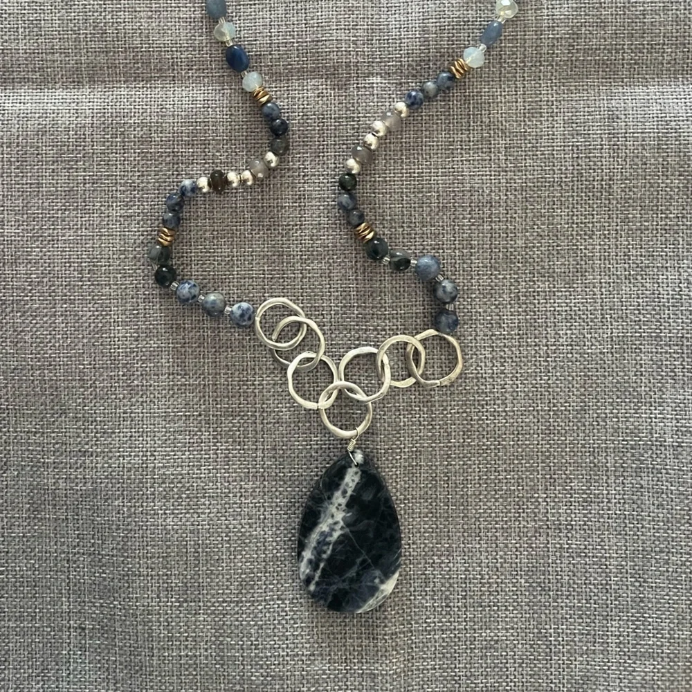 Statement Gemstone Beaded Necklace with Sodalite Pendant, Beads & Silver Rings
